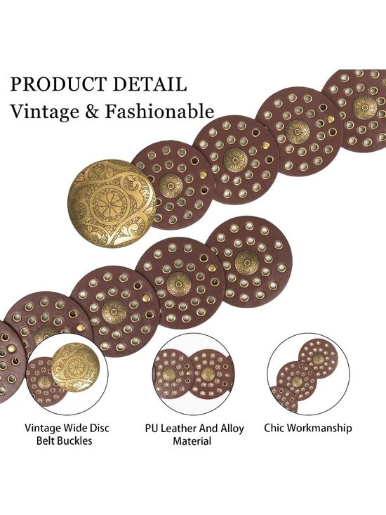 Women Brown & Gold Wide Western Disc Belt Cowgirl Boho-Concho Leather Belt